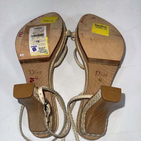 Dior Tan Leather Ankle Wrap Braided Sandals Wood Platform Women Size 11/ EUR 41 - Picture 9 of 10